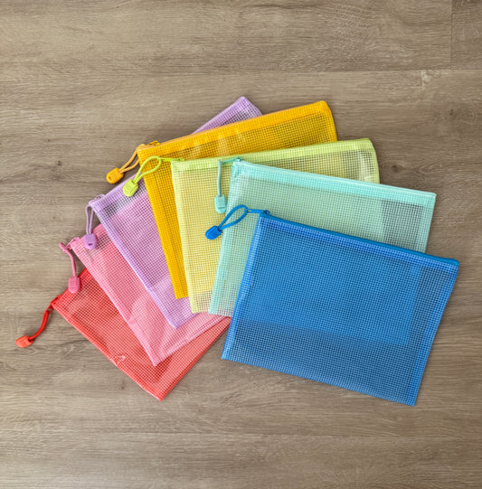 Assortment of colorful mesh zippered Water Watch pouches in coral, pink, lavender, yellow, green, mint, and blue. Colors vary based on availability and cannot be selected at this time.